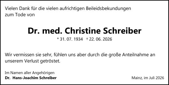 Traueranzeige von Christine Schreiber von Allgemeine Zeitung Mainz