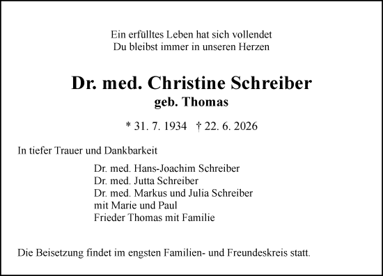 Traueranzeige von Christine Schreiber von Allgemeine Zeitung Mainz