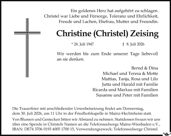 Traueranzeige von Christine Zeising von Allgemeine Zeitung Mainz