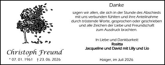 Traueranzeige von Christoph Freund von Dill Block