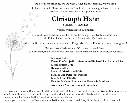 Traueranzeige von Christoph Hahn von Allgemeine Zeitung Alzey
