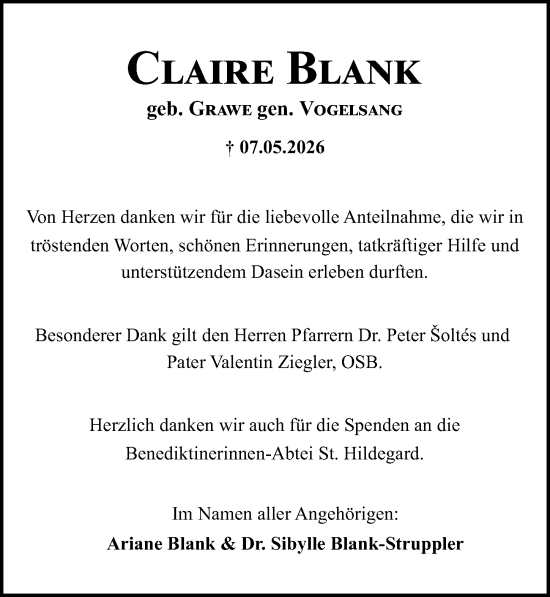 Traueranzeige von Claire Blank von Wiesbadener Kurier