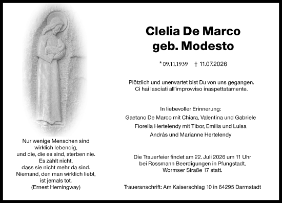 Traueranzeige von Clelia De Marco von Darmstädter Echo