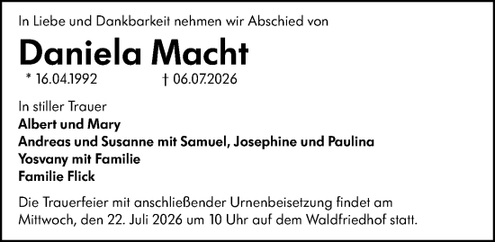 Traueranzeige von Daniela Macht von Darmstädter Echo