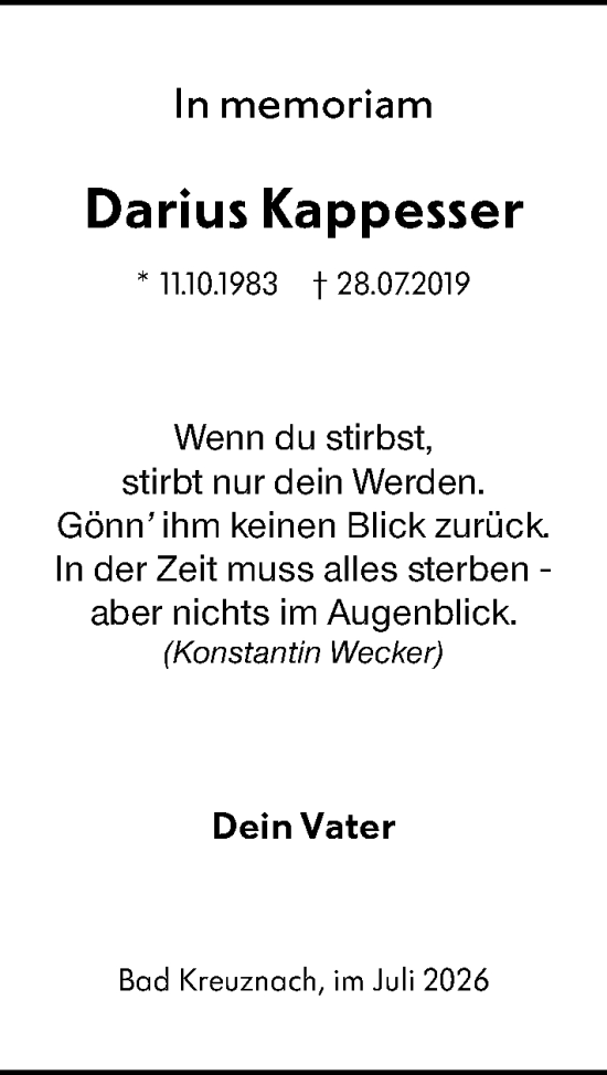 Traueranzeige von Darius Kappesser von Allgemeine Zeitung Rheinhessen-Nahe