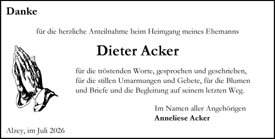 Traueranzeige von Dieter Acker von Allgemeine Zeitung Alzey