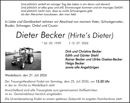 Traueranzeige von Dieter Becker von Dill Block