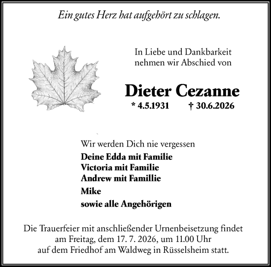 Traueranzeige von Dieter Cezanne von Rüsselsheimer Echo