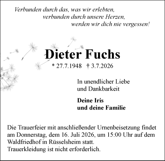 Traueranzeige von Dieter Fuchs von Rüsselsheimer Echo