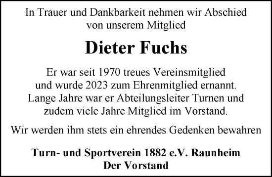 Traueranzeige von Dieter Fuchs von Rüsselsheimer Echo