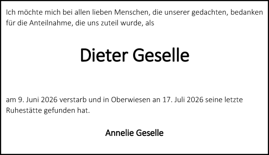 Traueranzeige von Dieter Geselle von Allgemeine Zeitung Alzey