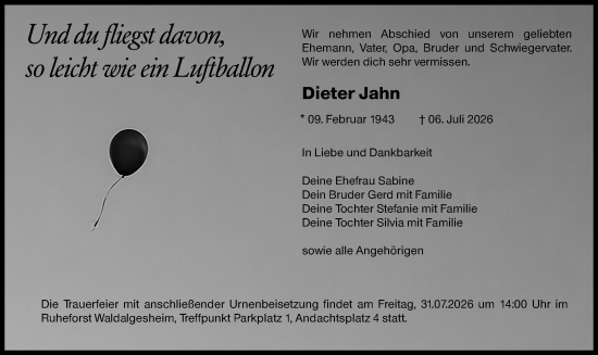 Traueranzeige von Dieter Jahn von Binger-/Ingelheimer Wochenblatt