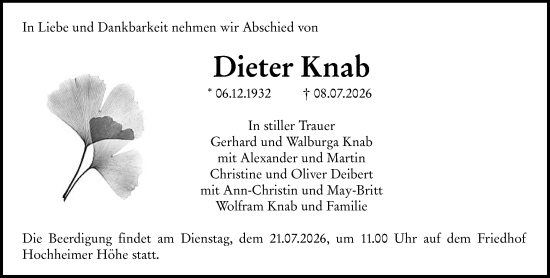 Traueranzeige von Dieter Knab von Wormser Zeitung