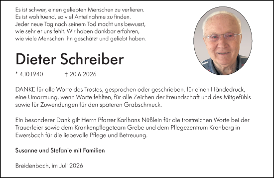 Traueranzeige von Dieter Schreiber von Hinterländer Anzeiger