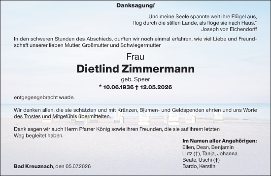 Traueranzeige von Dietlind Zimmermann von Allgemeine Zeitung Rheinhessen-Nahe