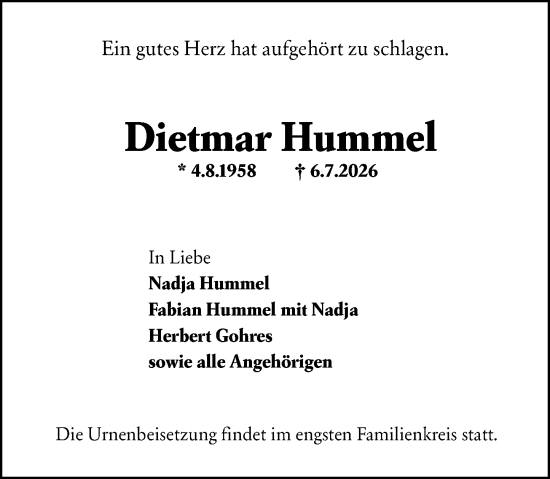 Traueranzeige von Dietmar Hummel von Hochheimer Zeitung