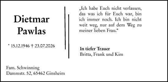 Traueranzeige von Dietmar Pawlas von Rüsselsheimer Echo