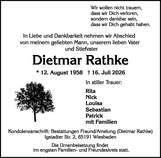 Traueranzeige von Dietmar Rathke von Wiesbadener Kurier