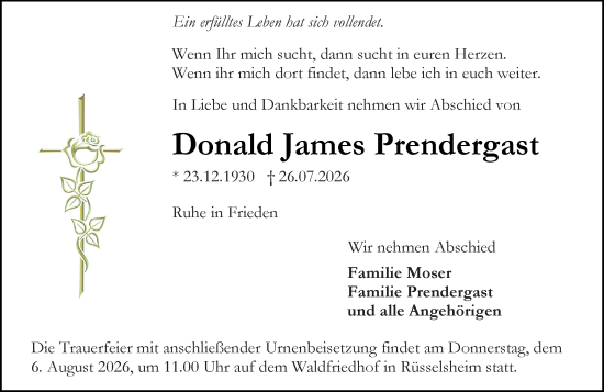 Traueranzeige von Donald James Prendergast von Rüsselsheimer Echo