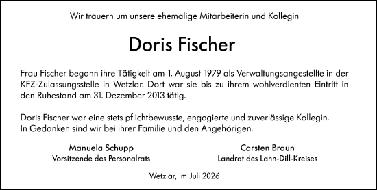 Traueranzeige von Doris Fischer von Wetzlarer Neue Zeitung