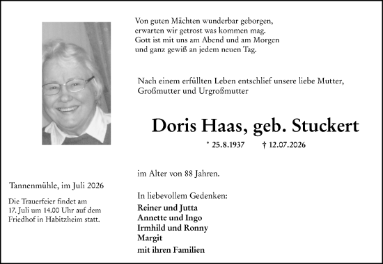 Traueranzeige von Doris Haas von Darmstädter Echo