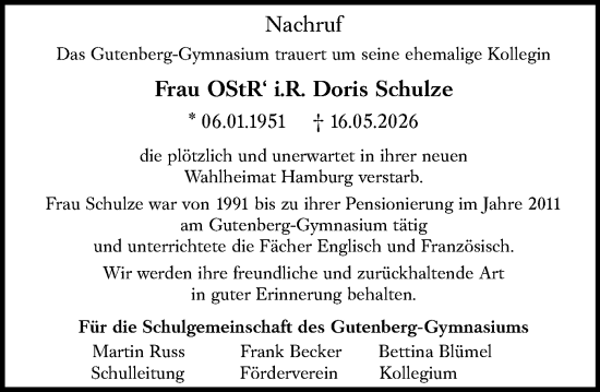 Traueranzeige von Doris Schulze von Allgemeine Zeitung Mainz