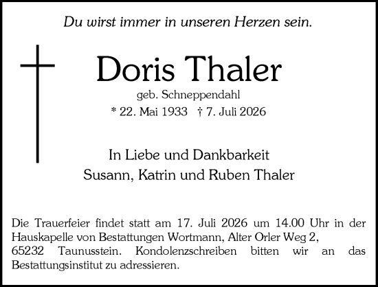Traueranzeige von Doris Thaler von Wiesbadener Kurier