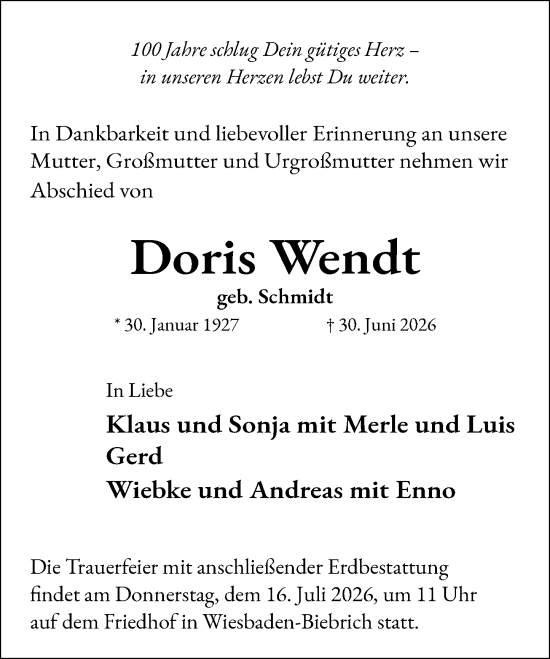 Traueranzeige von Doris Wendt von Wiesbadener Kurier