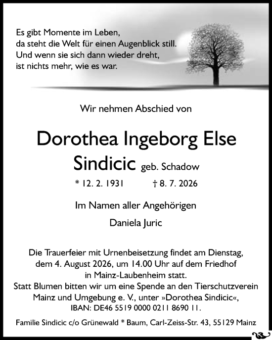 Traueranzeige von Dorothea Ingeborg Else Sindicic von Allgemeine Zeitung Mainz