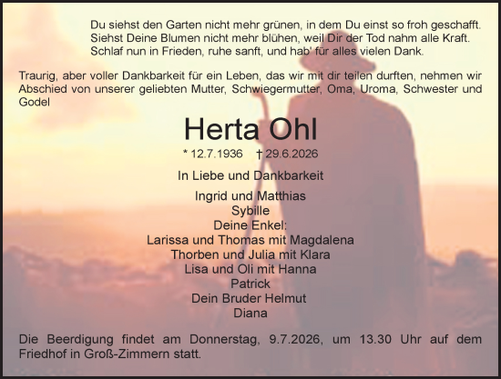 Traueranzeige von Herta Ohl von Dieburger Anzeiger/Groß-Zimmerner Lokal-Anzeiger