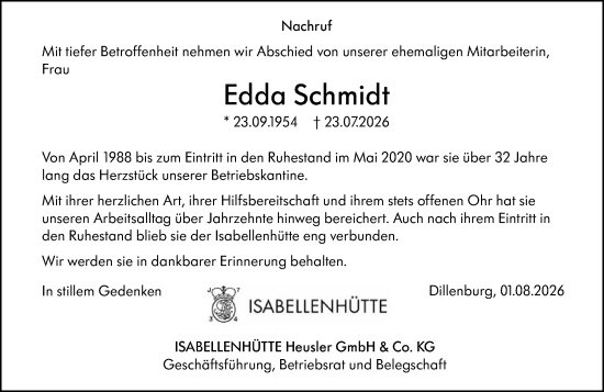 Traueranzeige von Edda Schmidt von Dill Block