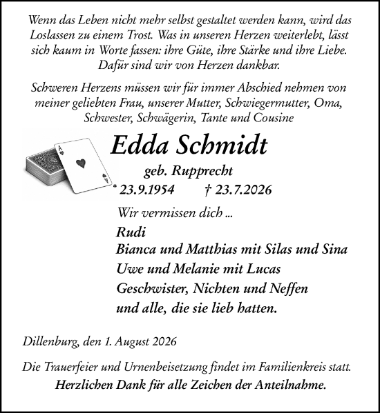 Traueranzeige von Edda Schmidt von Dill Block