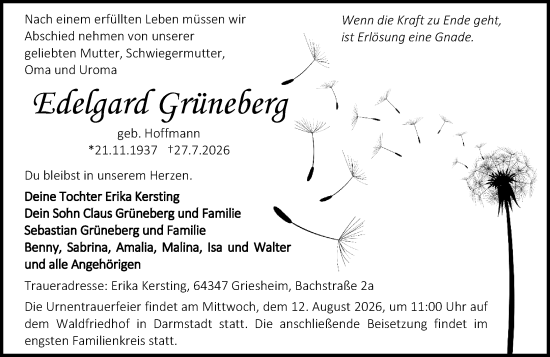 Traueranzeige von Edelgard Grüneberg von Darmstädter Echo