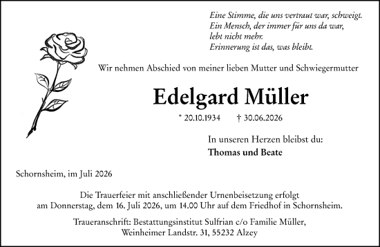 Traueranzeige von Edelgard Müller von Allgemeine Zeitung Alzey