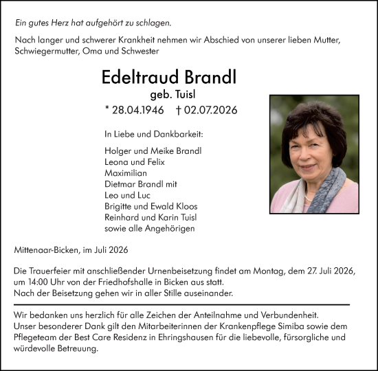 Traueranzeige von Edeltraud Brandl von Dill Block
