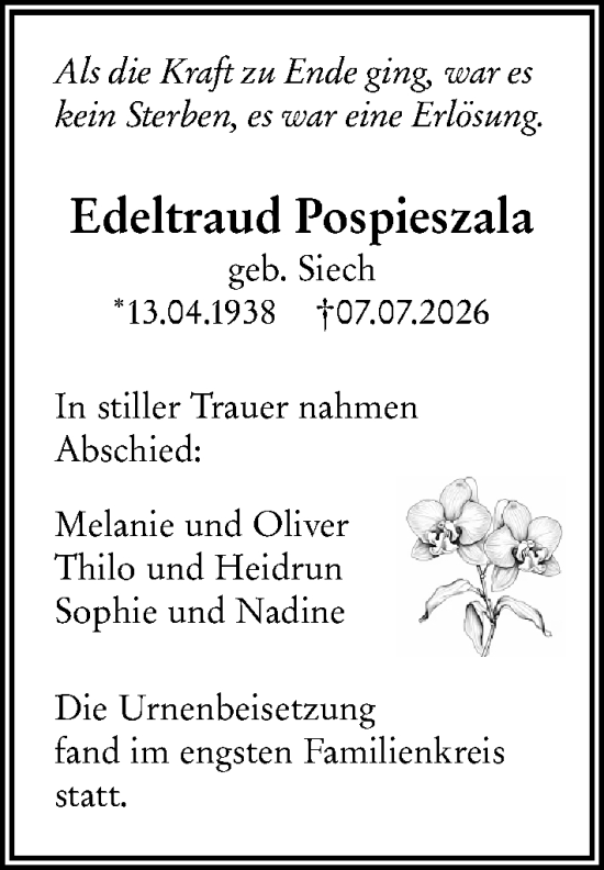 Traueranzeige von Edeltraud Pospieszala von Rüsselsheimer Echo