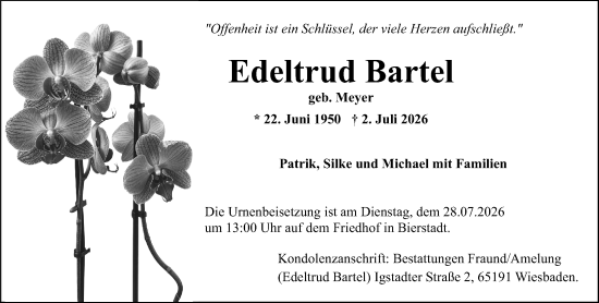 Traueranzeige von Edeltrud Bartel von Wiesbadener Kurier