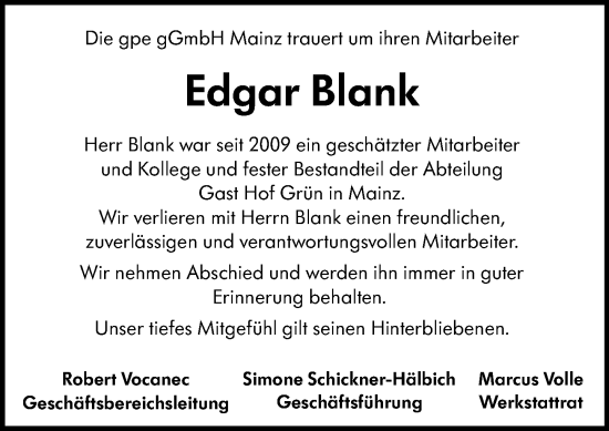 Traueranzeige von Edgar Blank von Allgemeine Zeitung Mainz