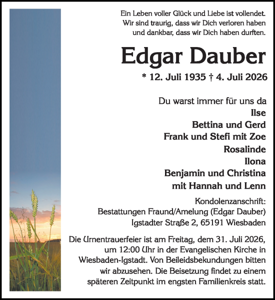 Traueranzeige von Edgar Dauber von Wiesbadener Kurier