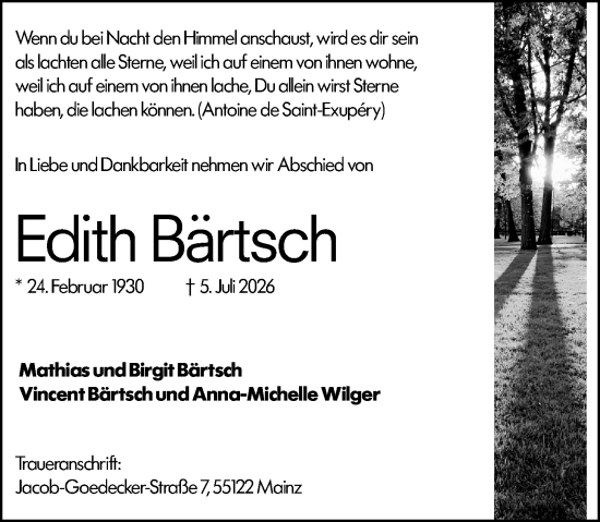 Traueranzeige von Edith Bärtsch von Allgemeine Zeitung Mainz