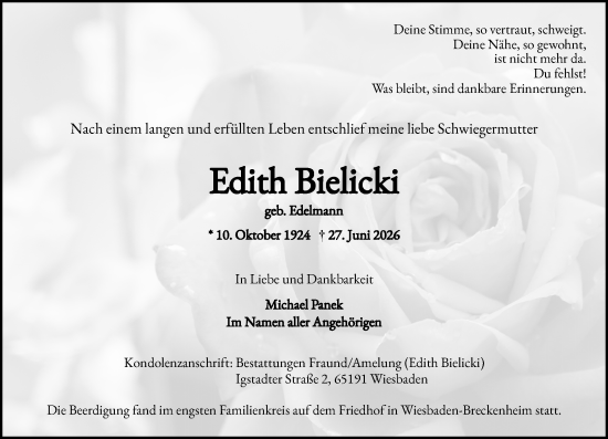 Traueranzeige von Edith Bielicki von Wiesbadener Kurier