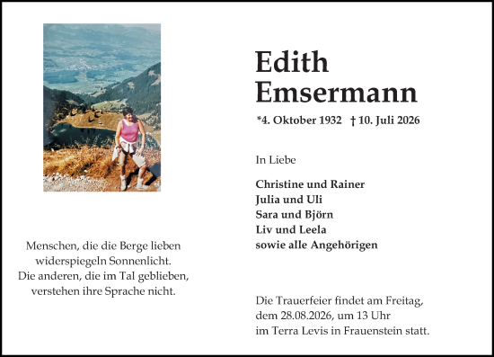 Traueranzeige von Edith Emsermann von Wiesbadener Kurier
