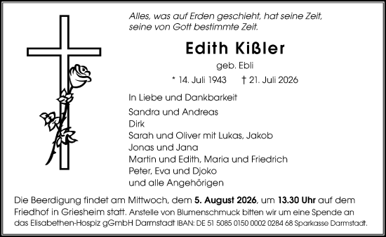 Traueranzeige von Edith Kißler von Darmstädter Echo