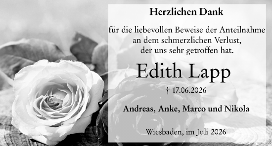 Traueranzeige von Edith Lapp von Wiesbadener Kurier