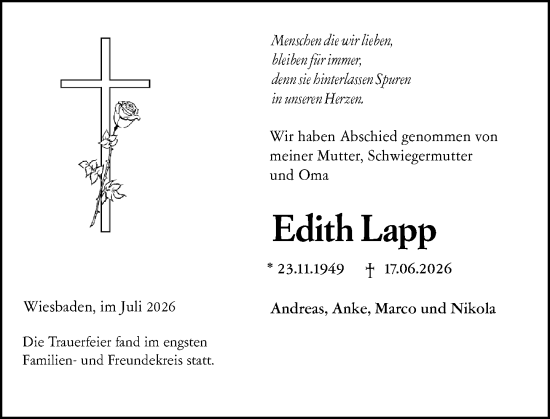 Traueranzeige von Edith Lapp von Wiesbadener Kurier