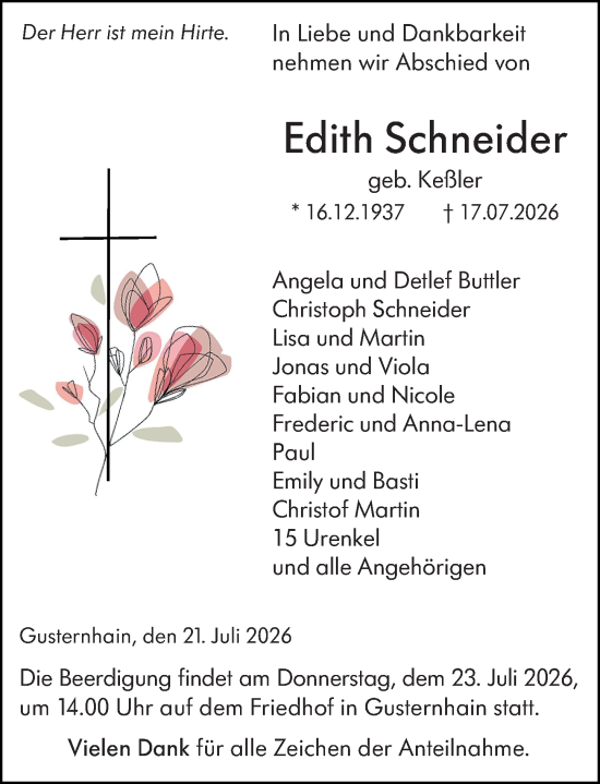 Traueranzeige von Edith Schneider von Dill Block
