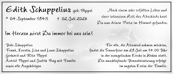 Traueranzeige von Edith Schuppelius von Wiesbadener Kurier