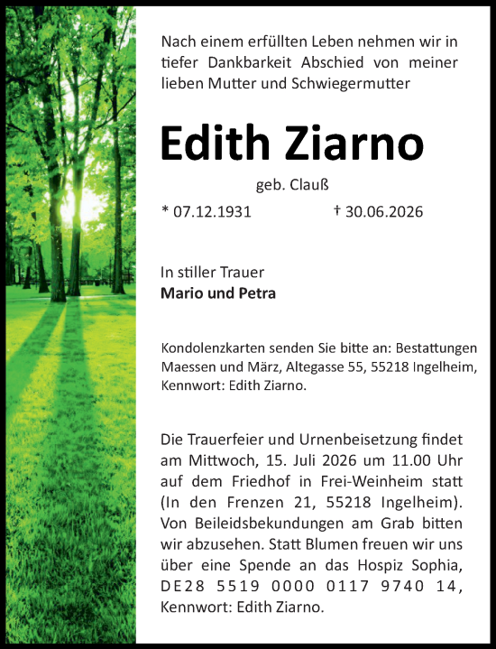 Traueranzeige von Edith Ziarno von Allgemeine Zeitung Rheinhessen-Nahe