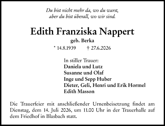 Traueranzeige von Edith Franziska Nappert von Wetzlarer Neue Zeitung