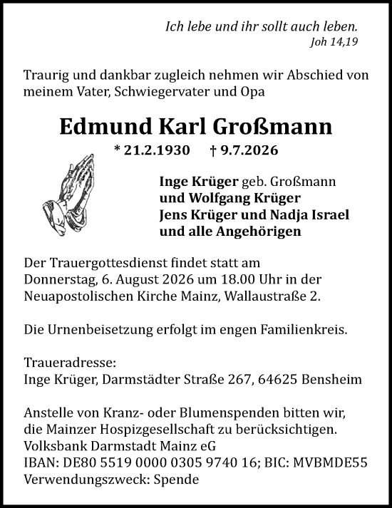 Traueranzeige von Edmund Karl Großmann von Allgemeine Zeitung Mainz
